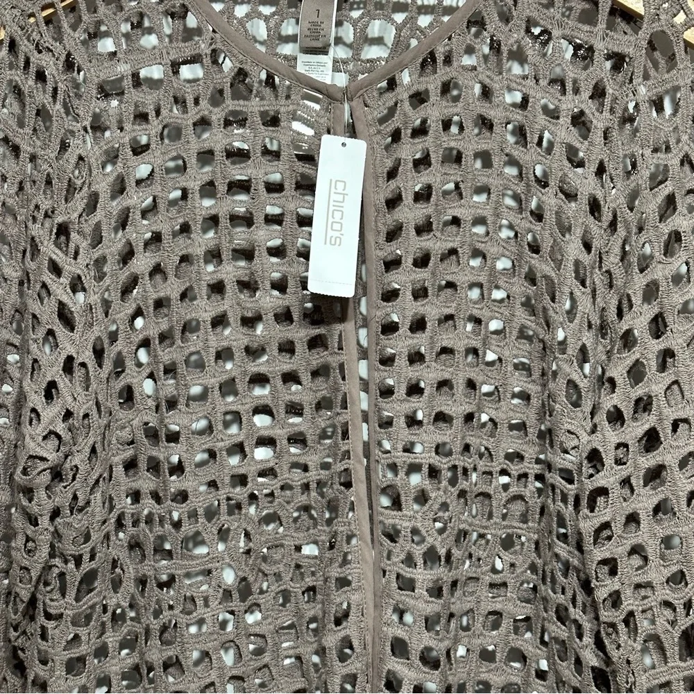 Chico’s Easywear Crochet Lace Long Sleeve Texas Taupe Cotton Cardigan Jacket NWT - Picture 11 of 16